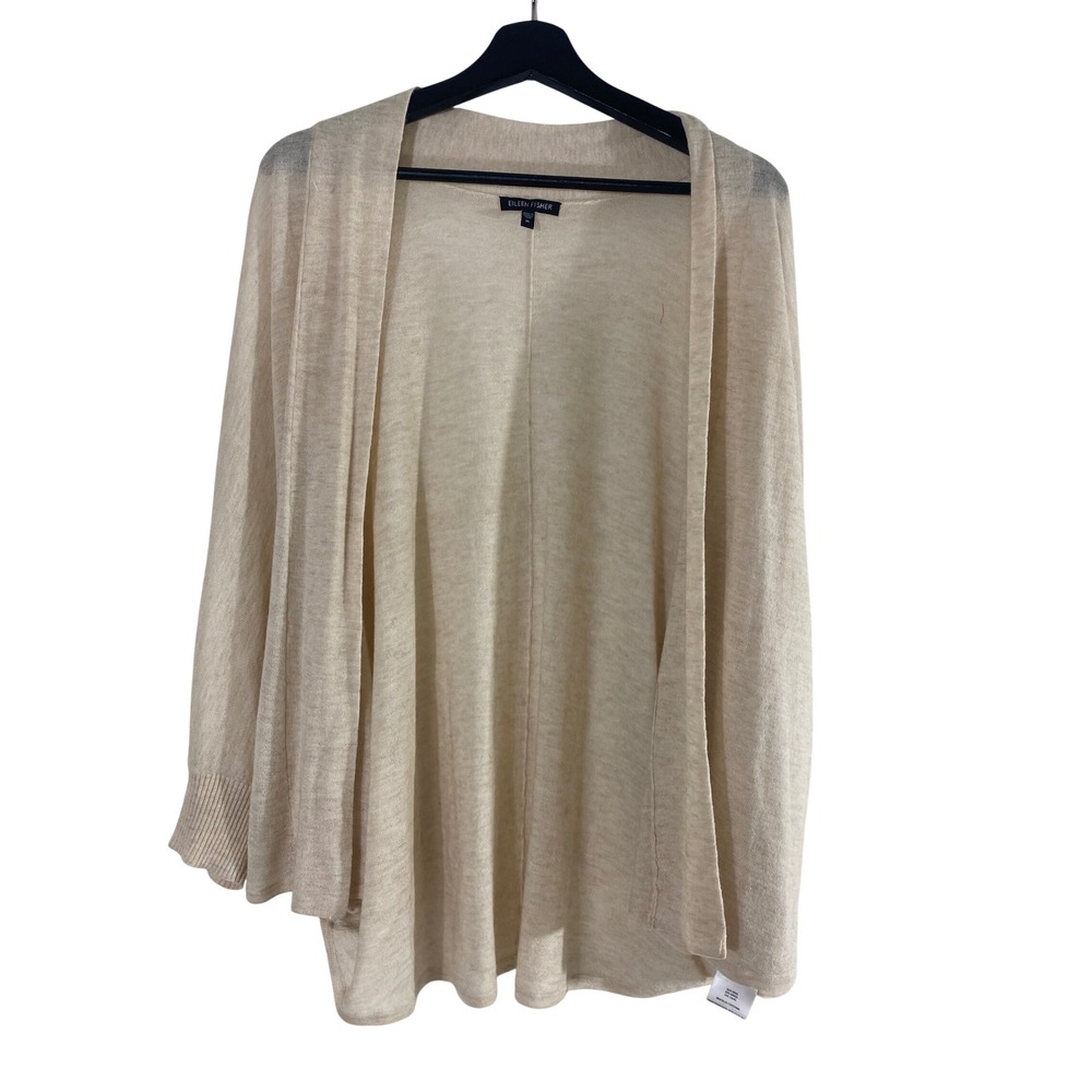 Eileen Fisher Cardigan 100% Silk Womens XL Beige Open Front Oversized Knit